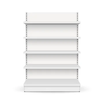 White empty store shelf rack mockup front. Product shelves counter design. Illustrazione stock
