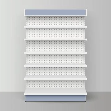 White empty store shelf rack mockup front. Product shelves counter design. Stock Illustration