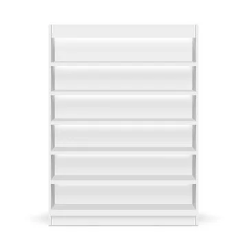 White empty store shelf rack with light mockup front. front view Product shelves Illustrazione stock