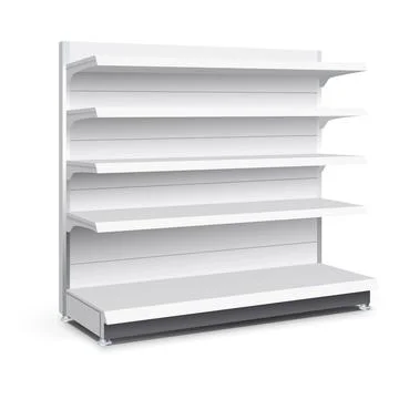 White empty store shelf rack mockup front. Front view product shelves Illustrazione stock