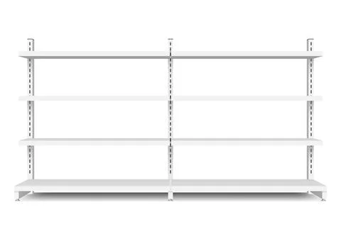 White empty store shelf rack mockup front. Front view product shelves Illustrazione stock