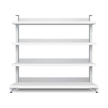 White empty store shelf rack mockup front. Front view product shelves Illustrazione stock