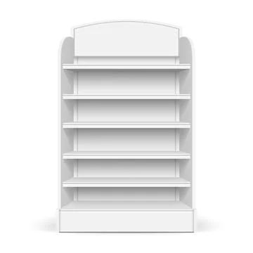 White empty store shelf rack mockup front. Front view product shelves Illustrazione stock