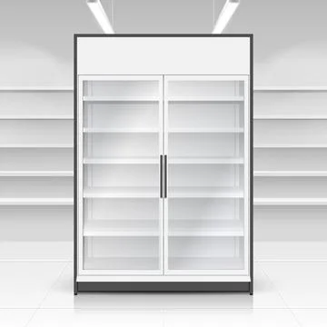 White empty store shelf rack mockup front. Front view product shelves Illustrazione stock