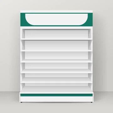 White empty store shelf rack mockup front. Front view Product shelves Illustrazione stock