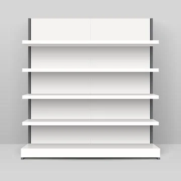White empty store shelf rack mockup front. Illustrazione stock