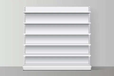 White empty store shelves. Retail shelf rack. Showcase display. Vector Stock Illustration