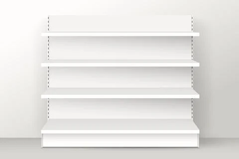 White empty store shelves. Retail shelf rack. Showcase display. Illustrazione stock