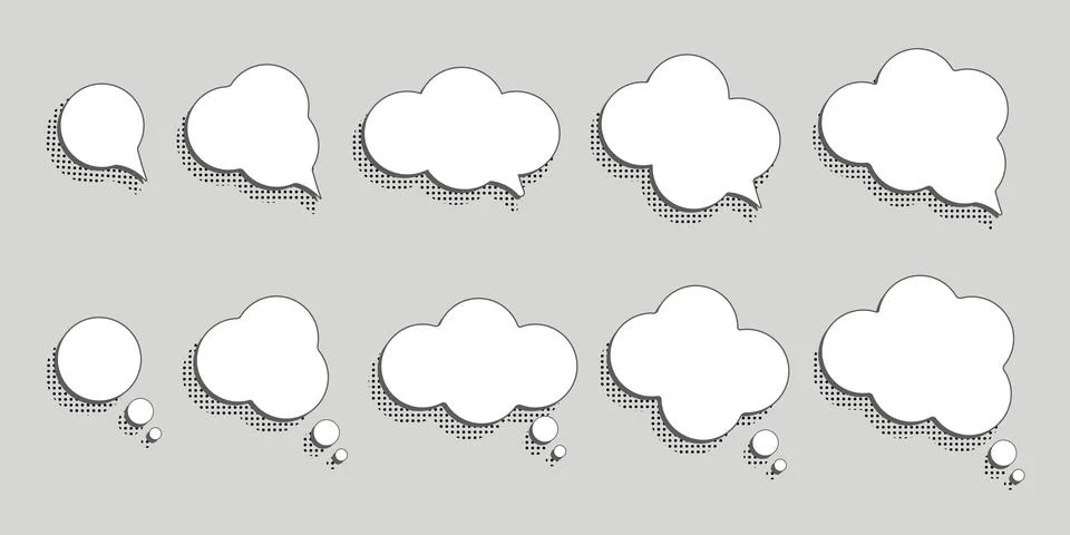 White empty think bubbles in various shapes with shadows. Stock Illustration