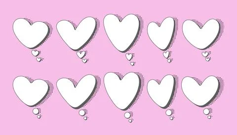 White empty think bubbles in various heart shapes with shadows Stock Illustration