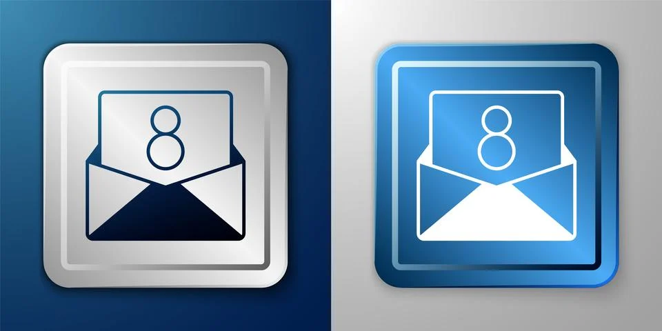 White Envelope with 8 March icon isolated on blue and grey background. Mess.. Stock Illustration