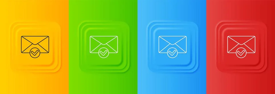 White Envelope and check mark icon isolated on colorful background. Success.. Illustrazione stock