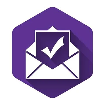 White Envelope with document and check mark icon with long shadow. Successful e Illustrazione stock