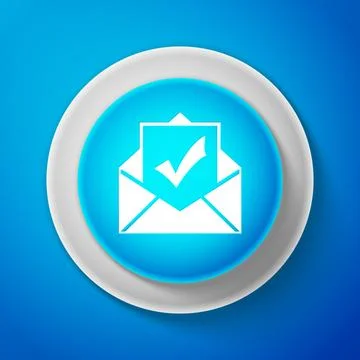 White Envelope with document and check mark icon isolated on blue background Stock Illustration