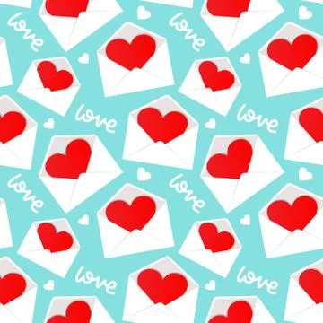 White envelope with Valentine heart inside pattern seamless background in fla 스톡 일러스트
