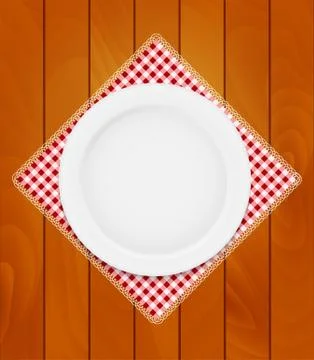 White Eppty Plate on Kitchen Napkin at Wooden Boards Background Illustrazione stock