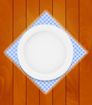 White Eppty Plate on Kitchen Napkin at Wooden Boards Background Stock Illustration