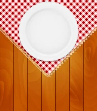 White Eppty Plate on Kitchen Napkin at Wooden Boards Background Illustrazione stock