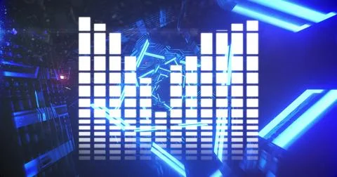 White equalizer grid pulsing to audio beat, blue tubes rotating inward revealing イラスト素材