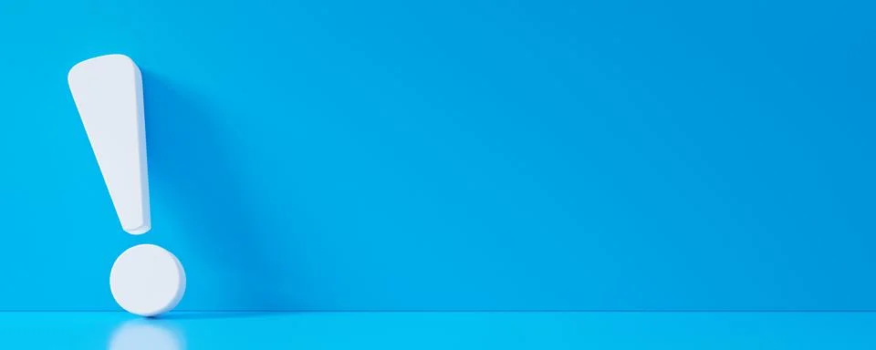 White exclamation mark or point symbol leaning against blue wall in blue floo Ilustración de archivo