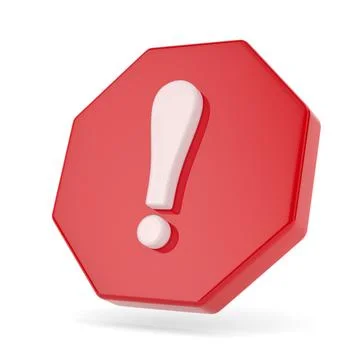 White exclamation point on red octagon and white background. Isolated 3D il.. Stock Illustration