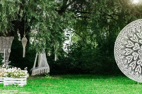 White exterior decor ethnic elements embroidered background circle gazebo and Stock Photos