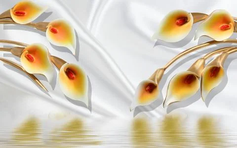 White fabric background, bright calla flowers, reflection in the water Stock Illustration
