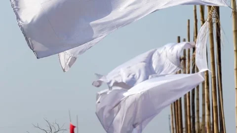 White fabric flags flowing in wind on bamboo poles against blue sky Video stock 331276850