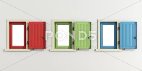 White facade with three colorful window Stock Illustration