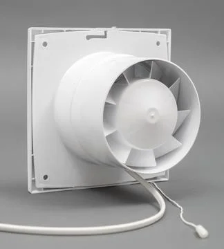 White fan on a gray background. Ventilation system. Back view. Rope of the .. Stock Photos
