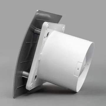 White fan on a gray background. Ventilation system. Stock Photos