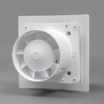 White fan on a gray background. Ventilation system. Back view. Stock Photos
