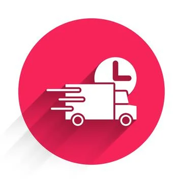 White Fast round the clock delivery by car icon isolated with long shadow. Red Illustrazione stock