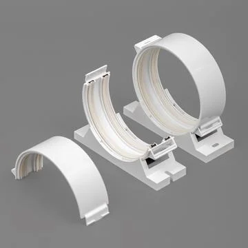 White fasteners for a round ventilation pipe. Isolated on a gray background. Stock Photos