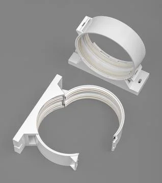 White fasteners for a round ventilation pipe. Isolated on a gray background. Stock Photos