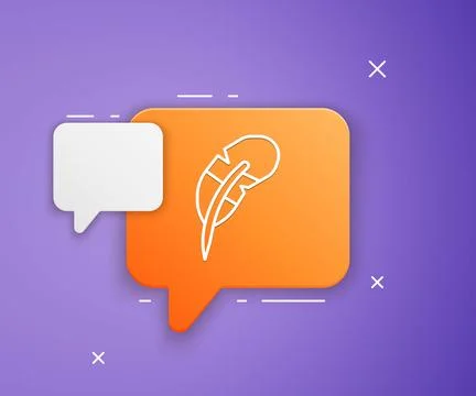 White Feather pen icon isolated on purple background. Orange speech bubble .. Stock Illustration
