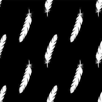 White feathers seamless pattern on Black background. Illustrazione stock
