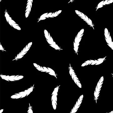 White feathers seamless pattern on Black background. Stock Illustration