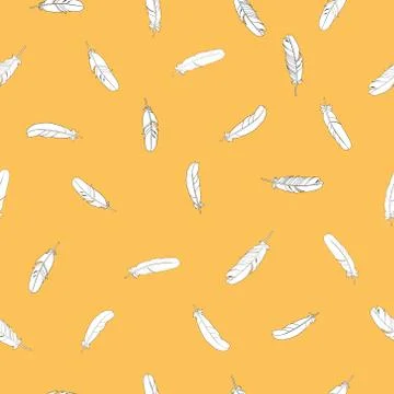 White feathers seamless pattern with a gold background. Illustrazione stock