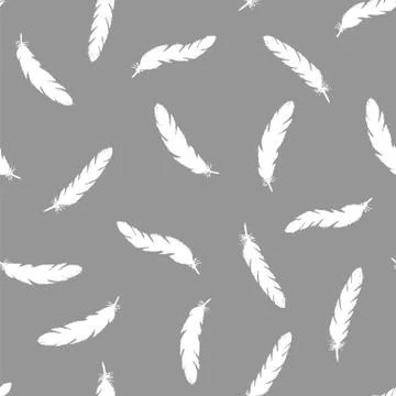 White feathers seamless pattern on gray background. Stock Illustration