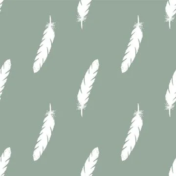 White feathers seamless pattern on green background. Stock Illustration