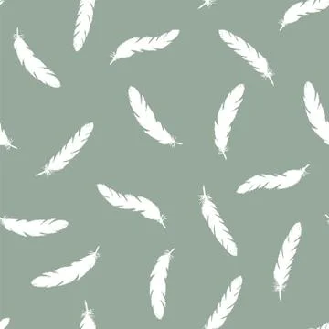 White feathers seamless pattern on green background. Stock Illustration