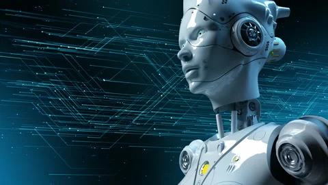 White female android looking into the distance against a background of digita Stock Footage 228947906