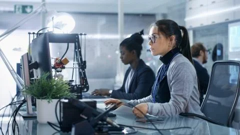 White Female Working on a Computer with Her Colleagus in a Modern High-Tech Lab 스톡 사진