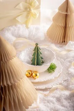 White festive table display with charming baubles. Stock Photos