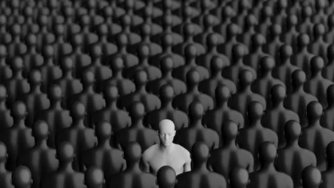 White Figure Standing Out in Crowd of Dark Figures. Conceptual Illustration.. Stock Illustration