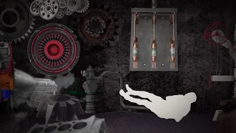 White figure tumbling through a dark engine room Stock Footage 346778623