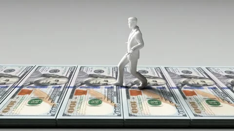 White Figurine Confidently Walks Path of Stacked Hundred Dollar Bills, Symb.. Stock-Footage 314069580