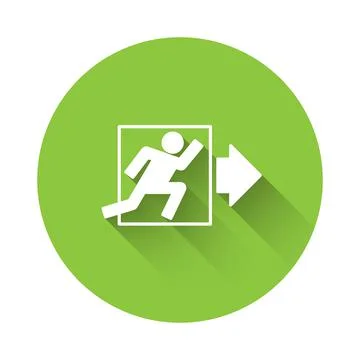 White Fire exit icon isolated with long shadow background. Fire emergency ico Ilustración de archivo