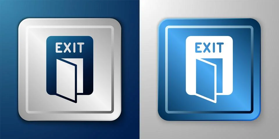 White Fire exit icon isolated on blue and grey background. Fire emergency ico Ilustración de archivo